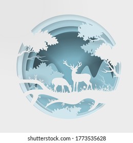 Reindeer, Deer in the forest with blue tone natural background, Paper layer art, vector illustration, digital craft design.