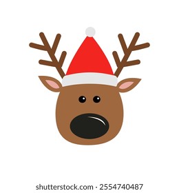 Reindeer deer head face icon. Red Santa Claus hat, nose, horns. Merry Christmas. Candy Cane. New Year. Cute cartoon kawaii character. Funny animal. Flat design. Hello winter. White background. Vector