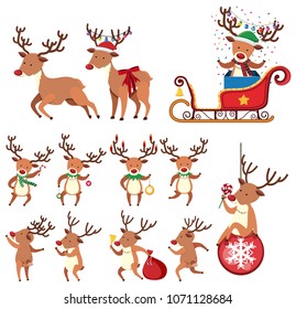 Reindeer in Different Action on White Background illustration