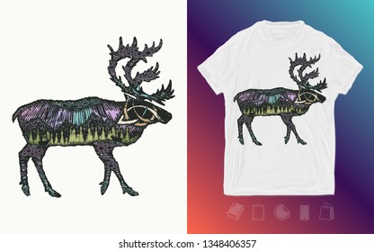 Reindeer double exposure animal. Symbol tourism, travel, far north. Mountains, polar light. Print for t-shirts and another, trendy apparel design