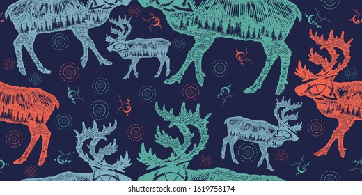 Reindeer double exposure. Seamless pattern. Packing old paper, scrapbooking style. Vintage background. Medieval manuscript, engraving art. Symbol tourism, travel, far north. Mountains, polar light