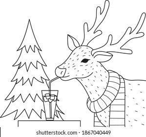Reindeer drinking cocktail glass on the trees for coloring book, coloring page. Vector illustration