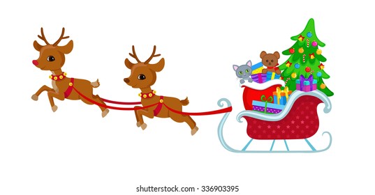 Reindeer driven sleigh. Sleigh of Santa Claus, ready for departure.