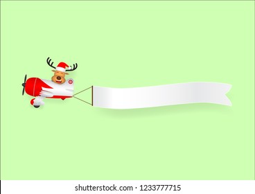 Reindeer drives Airplane and pulls ribbon banner on Green Background for Christmas and New Year decoration vector illustration.
