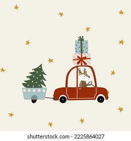 Un reno conduciendo un coche con cajas de regalo y un pino. concepto de Navidad. Estilo vectorial de dibujos animados