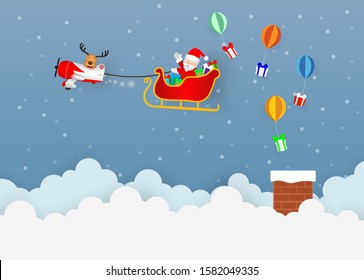 Reindeer driving propeller airplane to pull Santa Claus sledge releases gift boxes in snowing Christmas night on clouds background, Paper art illustration vector