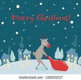 Reindeer drugs Santa Claus gift bag scandinavian card. Christmas slogan. New year. Night houses with light from windows landscape for party invitation, holiday poster design, sale banner.