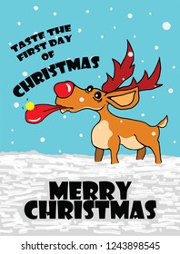 A reindeer eating a golden snowflake on Christmas day for the concept: Taste the first day of Christmas. Hand drawn vector illustration.