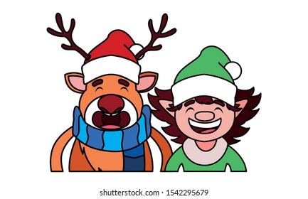 reindeer and elf with hat on white background vector illustration design