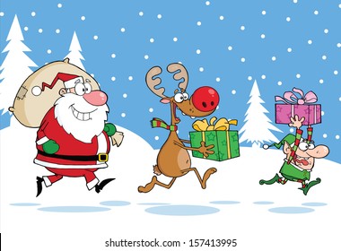 Reindeer, Elf  And Santa Claus Carrying Christmas Presents In Christmas Background