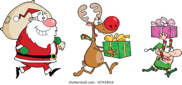 Reindeer, Elf  And Santa Claus Carrying Christmas Presents