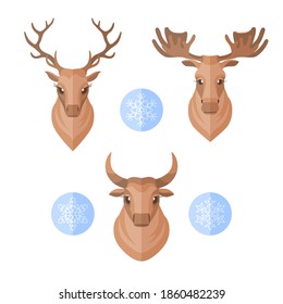 Reindeer, elk, bull with big horns. Set of front view animal heads and snowflakes for winter design.