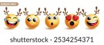 Reindeer emoji character vector set. Emoticon reindeer 3d character in happy, funny, in love and winking facial expression with cervid horn icon xmas collection. Vector illustration deer emojis set. 
