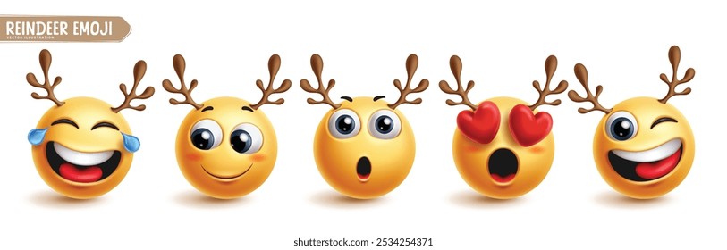 Reindeer emoji character vector set. Emoticon reindeer 3d character in happy, funny, in love and winking facial expression with cervid horn icon xmas collection. Vector illustration deer emojis set. 
