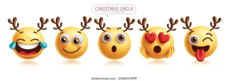 Reindeer emoji vector characters set. Christmas reindeer emojis clip art character in happy, crying, shy, blush, amaze, in love and winking facial expression. Vector illustration deer xmas emoticons 