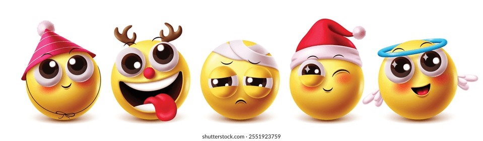 Conjunto de caracteres de vetor emoji de rena. Clipart emojis santa, palhaço de aniversário, anjo e bandagem elementos gráficos com expressões faciais bonitas, engraçadas, tristes, piscando e gentis. Ilustração vetorial de renas 