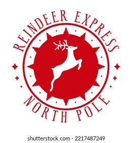 Reindeer express - north pole. Xmas delivery stamp design with reindeer. Template for christmas handmade gifts. Vector illustration.