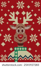 Reindeer face knitting sweater texture. Christmas seamless pattern background. Winter holiday festival design vector Illustration.