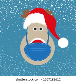 Reindeer with face mask and santa hat design vector illustration on a snowy background.