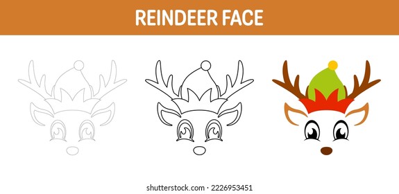 Reindeer Face tracing and coloring worksheet for kids
