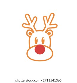 Ícone vetorial de face de rena com nariz vermelho. Design de cabeça de animal para temporada de férias de inverno. Ilustração isolada do contorno da arte no fundo branco para fins decorativos.