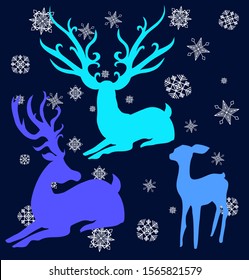 Reindeer family vector silhouette mother father and son illustration Christmas symbol animal snowflakes in night sky