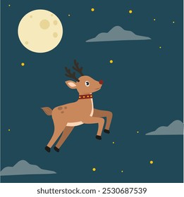 Reindeer flying at the night sky background, illustration Reindeer flying at the sky with star and moon background 