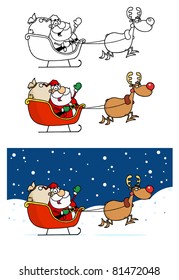 Reindeer and Flying Santa Claus In His Sleigh.Vector Collection