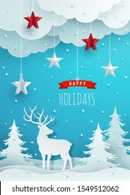 Reindeer in Forest, paper handcraft and clouds against blue background. Vector Illustration