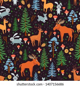 Reindeer forest Seamless Pattern. Woodland animals. Vector childish illustration. Cartoon characters in flat style. Elk and deer with tree. Wrapping, notebooks, labels, accessories-school.
