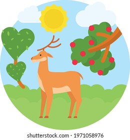 Reindeer in Forest with Sky and clouds  Concept, Deer Animal  Vector Color Icon Design, Nature Lover Symbol, Heart in nature Stock illustration, Beautiful Landscape scenery Ideas in Round Shape,