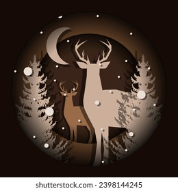 Reindeer in forest in trendy Cut Out Paper style. 3d orange Winter art with deer and spruce. Vector illustration can used t-shirt print, web and social media banner, poster. XMAS card cover design.