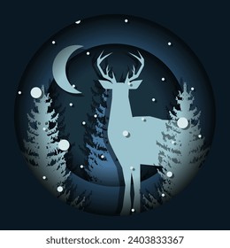 Reindeer in forest in trendy Cut Out Paper style. 3d Winter art with deer and spruce. Vector illustration can used t-shirt print, web and social media banner, poster. XMAS card cover design.