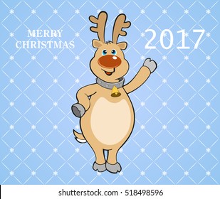 Reindeer in the form comic illustration. New Year background for Christmas card.