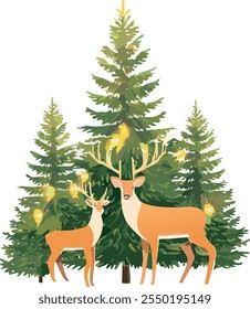 Reindeer in front of Christmas trees