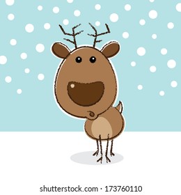 Reindeer in front of a snowy background with surprised look on face