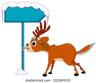 Reindeer frozen by tongue to the sign
