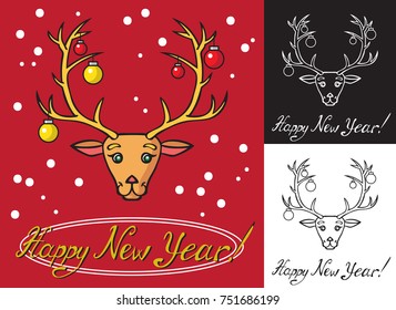 reindeer and fur-tree toys on horns. The inscription on a black, red and white background with a new year.