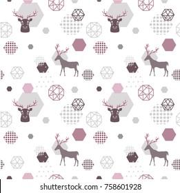 Reindeer geometric trendy seamless pattern with animal silhouette, winter holidays scandinavian minimal pattern, invitation vector background