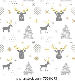Reindeer geometric trendy seamless pattern with animal silhouette, marble texture, winter holidays scandinavian minimal pattern, invitation vector background