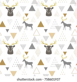 Reindeer geometric trendy seamless pattern with animal silhouette, winter holidays scandinavian minimal pattern, invitation vector background