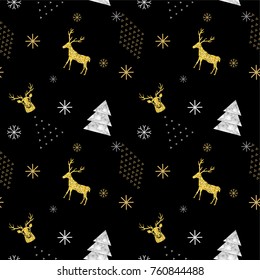 Reindeer geometric trendy seamless pattern with animal silhouette, marble texture, winter holidays scandinavian minimal pattern, invitation vector background
