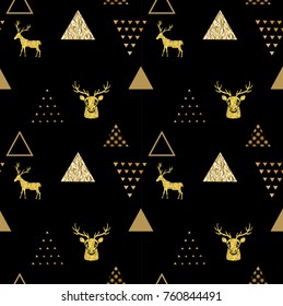 Reindeer geometric trendy seamless pattern with animal silhouette, gold metal texture, winter holidays scandinavian minimal pattern, invitation vector background