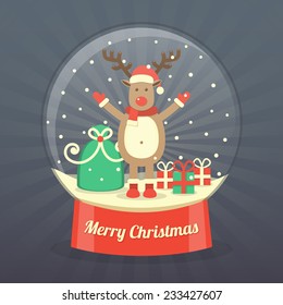 A reindeer with gift bag and gift boxes in snow globe on dark starburst background. vector.