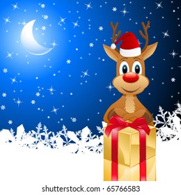 reindeer with gift in the night