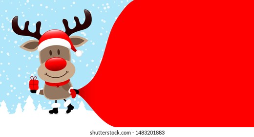 Reindeer With Gift Pulling Gift Bag Forwards Forest Blue