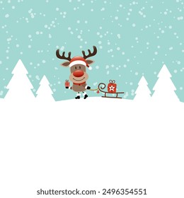 Reindeer With Gift Pulling Sleigh In The Forest Snow Turquoise Dark Red