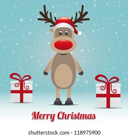 reindeer gift snowy winter background merry christmas