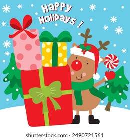 Reindeer and Gifts For Christmas Card or Bag design