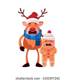 reindeer and gingerbread man with hat on white background vector illustration design
